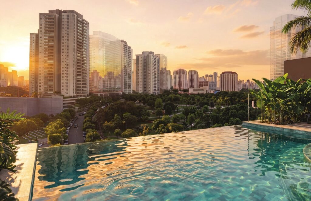 Piscina com borda infinita do Sequoia Jardim das Perdizes com vista para a cidade