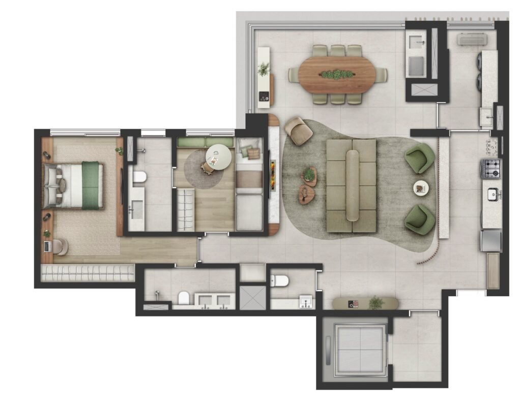 Planta do apartamento de 121 m² com 2 suítes do Sequoia Jardim das Perdizes