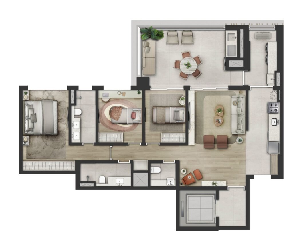 Planta do apartamento de 121 m² com 3 dormitórios do Sequoia Jardim das Perdizes