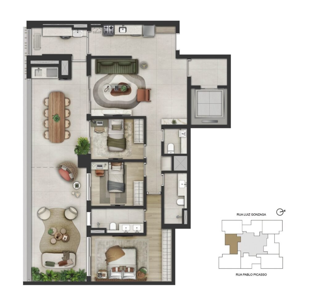Planta do Garden de 145 m² com 3 dormitórios do Sequoia Jardim das Perdizes