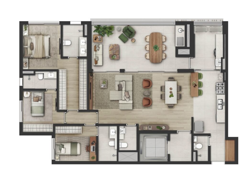 Planta do apartamento de 148 m² com 3 suítes do Sequoia Jardim das Perdizes