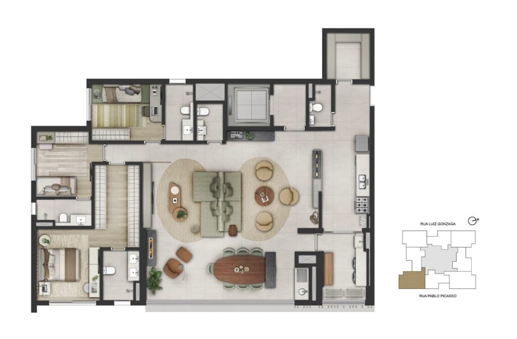 Planta do apartamento de 175 m² com 3 suítes do Sequoia Jardim das Perdizes