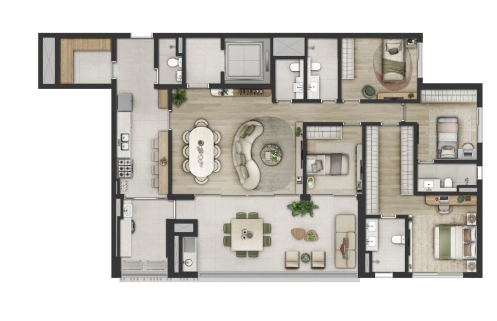 Planta do apartamento de 175 m² com 4 dormitórios do Sequoia Jardim das Perdizes