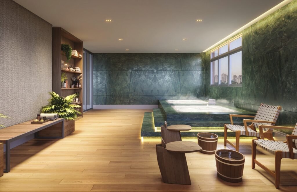 Espaço spa do Sequoia Jardim das Perdizes com ofurô e área de relaxamento