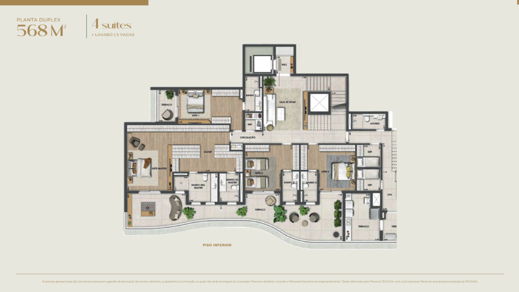 Bosque Cerejeiras — planta 568,95 m2 (piso inferior)