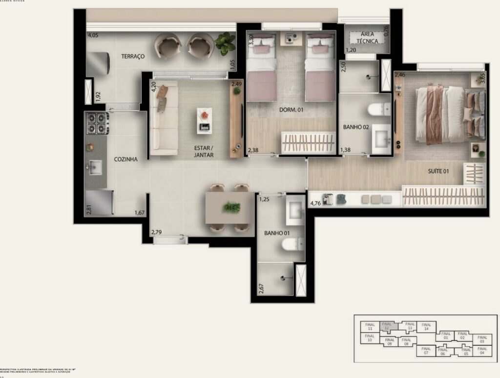 Garden Design Caminhos da Lapa — Planta 61 m² — 2 dormitórios (1 suíte), 1 vaga
