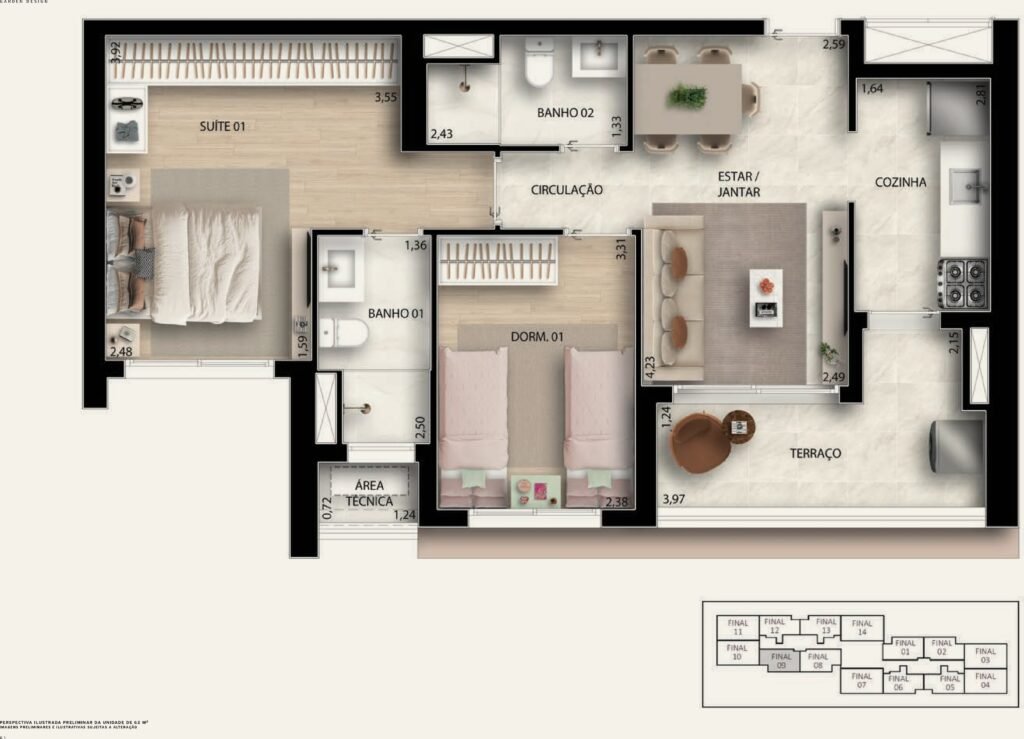 Garden Design Caminhos da Lapa — Planta 62 m² — 2 dormitórios (1 suíte), 1 vaga