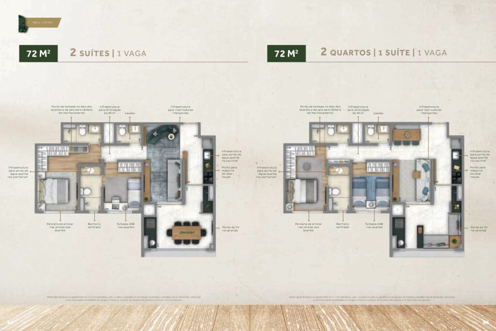 Living Unique Freguesia do Ó — Planta 72 m² — 2 suítes / 2 quartos (1 suíte)