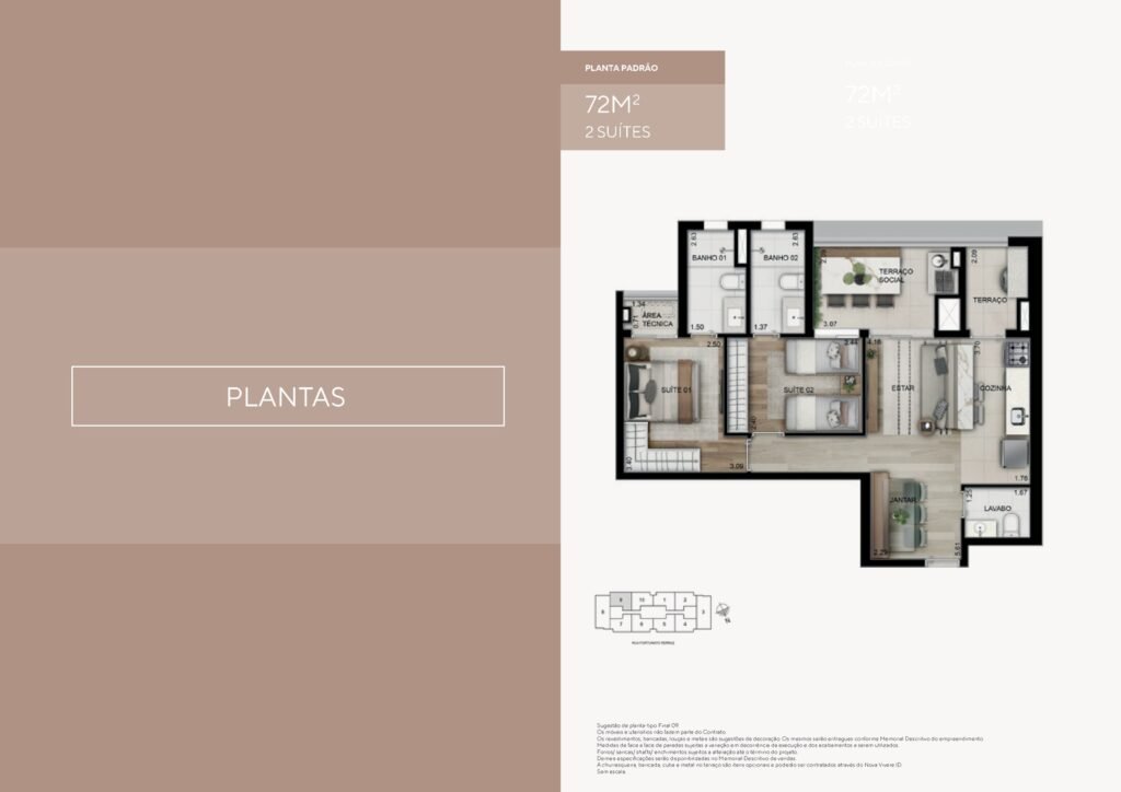 Caminhos da Lapa Nova Vivere — Planta 72 m² — 2 suítes