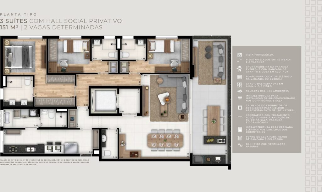 Unicco Vila Romana — Planta tipo 151 m² — 3 suítes