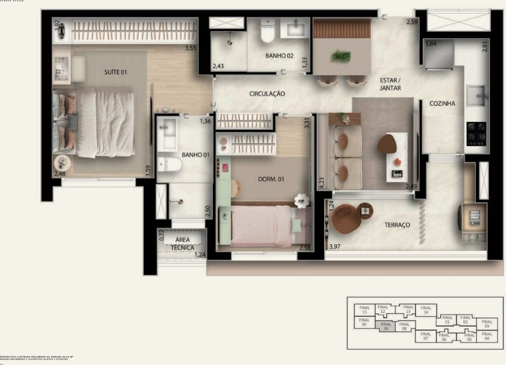 Garden Design Caminhos da Lapa — Planta 62 m² (opção – Garden Design ID) — 2 dormitórios (1 suíte), roupeiro na circulação