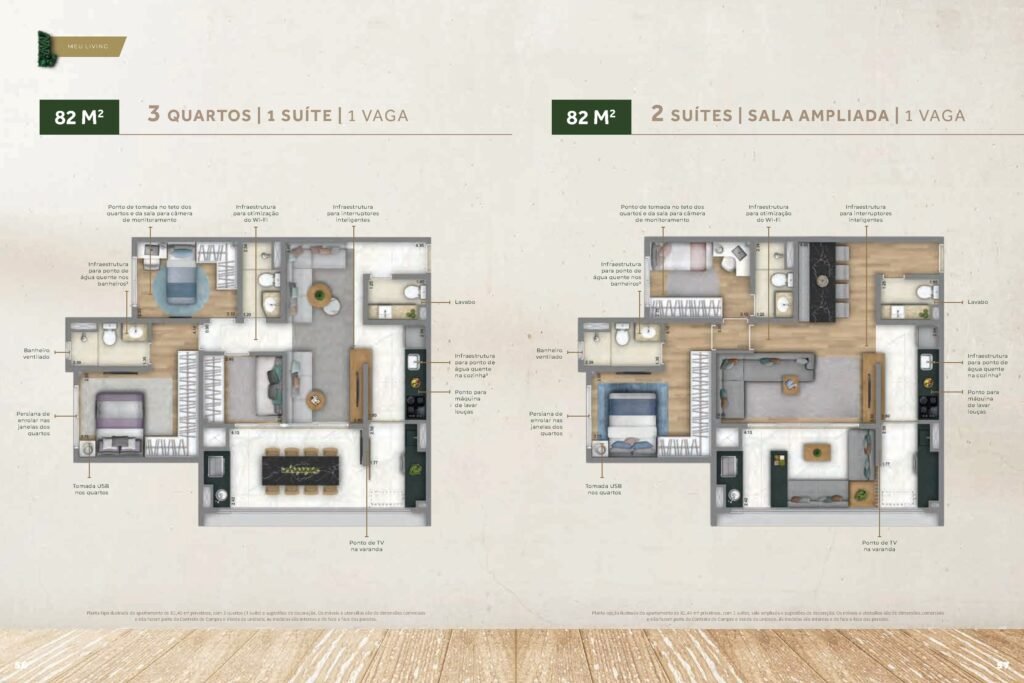 Living Unique Freguesia do Ó — Planta 82 m² — 3 quartos (1 suíte) / 2 suítes