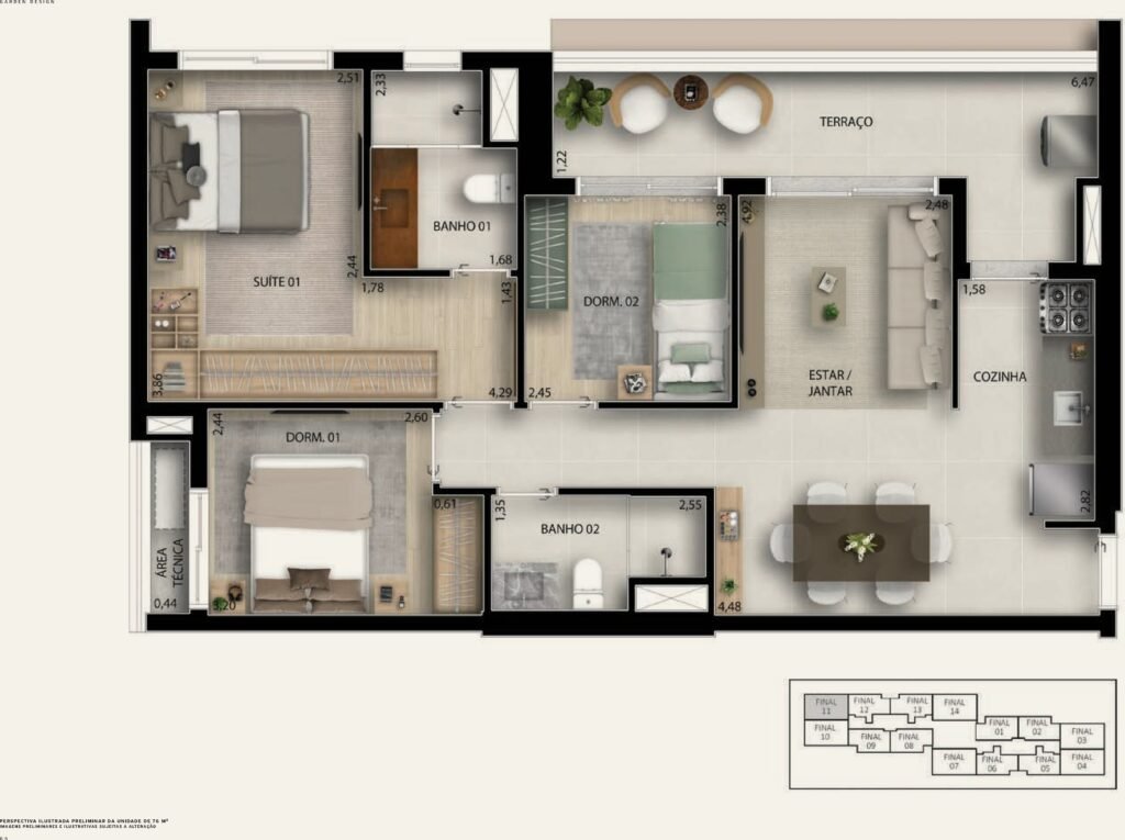 Garden Design Caminhos da Lapa — Planta 76 m² — 3 dormitórios (1 suíte), 1 vaga