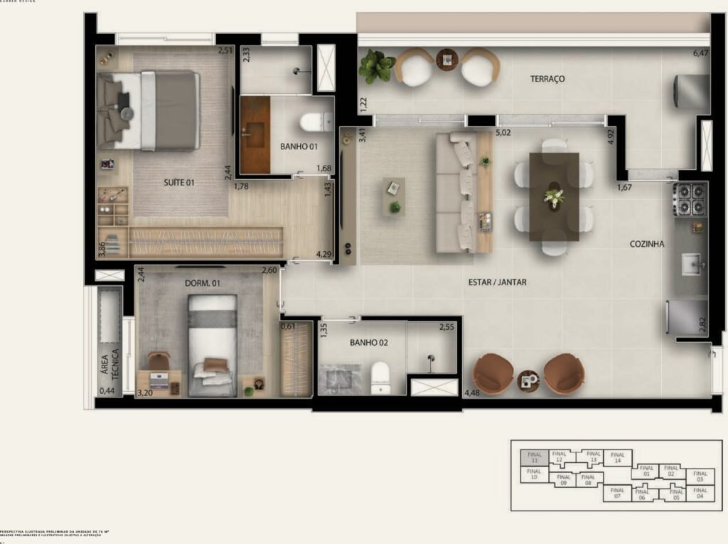 Garden Design Caminhos da Lapa — Planta 76 m² (opção – Garden Design ID) — 2 dormitórios (1 suíte), sala ampliada e cozinha aberta