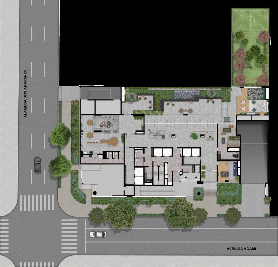 Planta de implantação do Agami Park Residences, com a situação do terreno e as áreas comuns