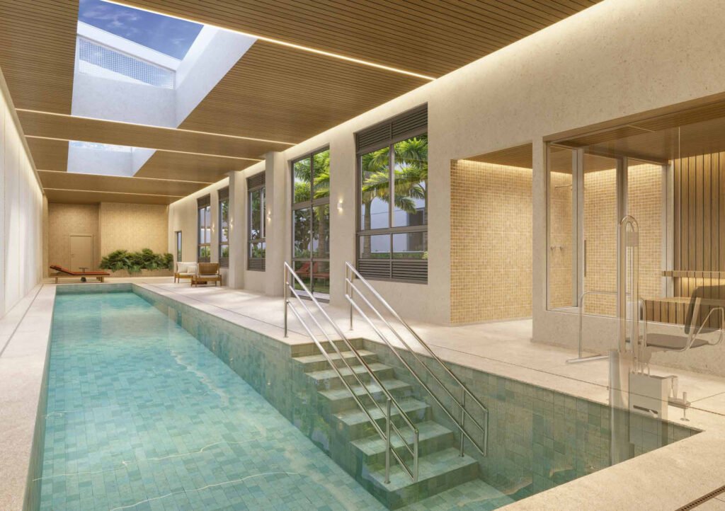 Perspectiva ilustrada de piscina coberta do Alt Studios by Eztec.