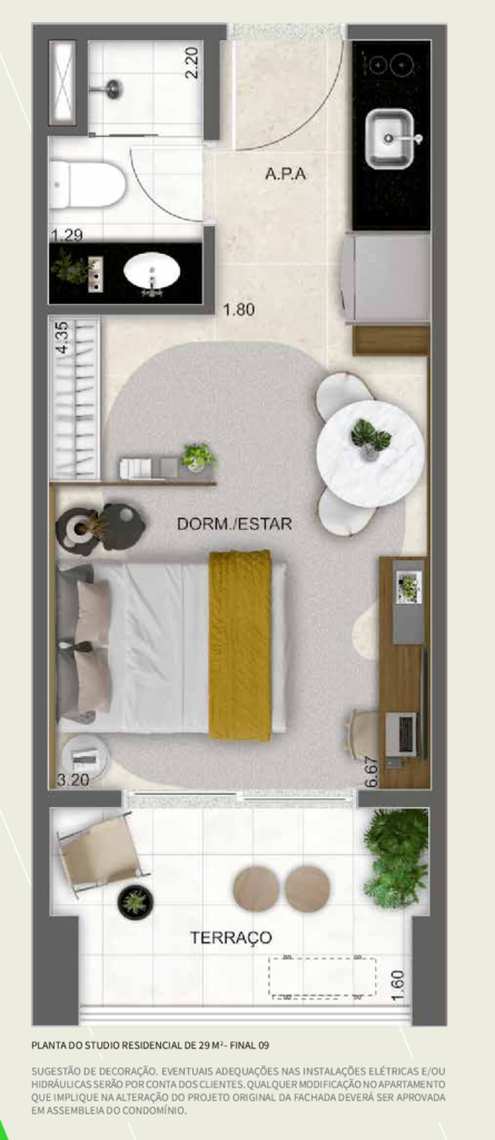 Planta humanizada do studio residencial de 29 m² do Alt Studios by Eztec