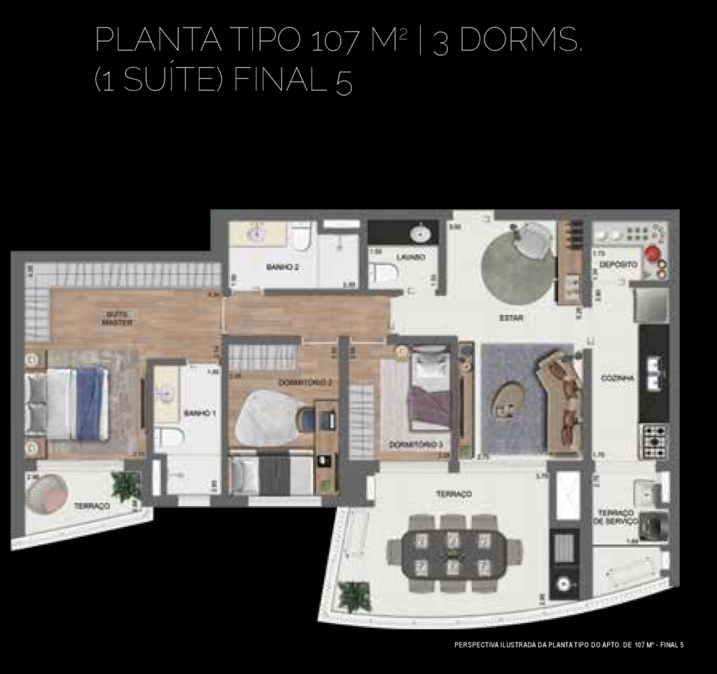 Planta humanizada do apartamento tipo de 107 m² com 3 dormitórios, sendo 1 suíte, do Arkadio EZ by OTT