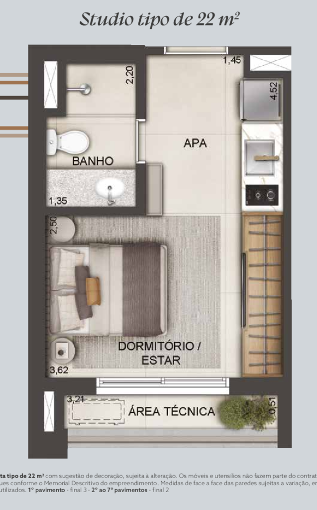 Planta humanizada do studio tipo de 22 m² do Brooklin Studios by Lindenberg