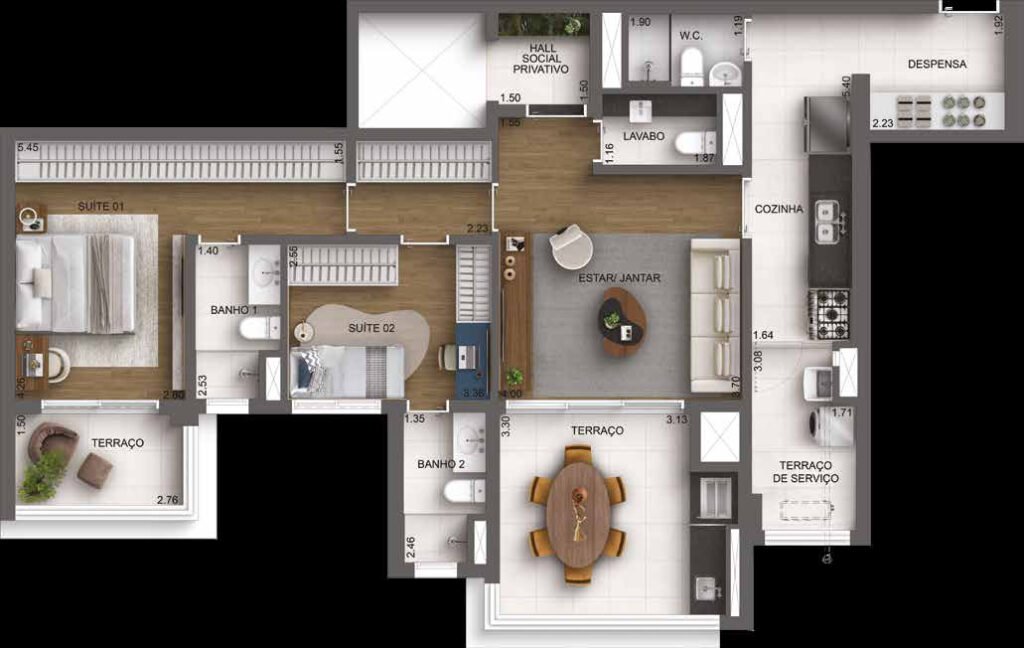 Planta humanizada tipo do apartamento de 114 m2 com 2 suites do Casa Nacional Eztec