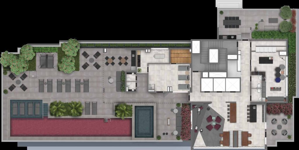 Planta de implantação do Chanes Street, com as áreas comuns do empreendimento