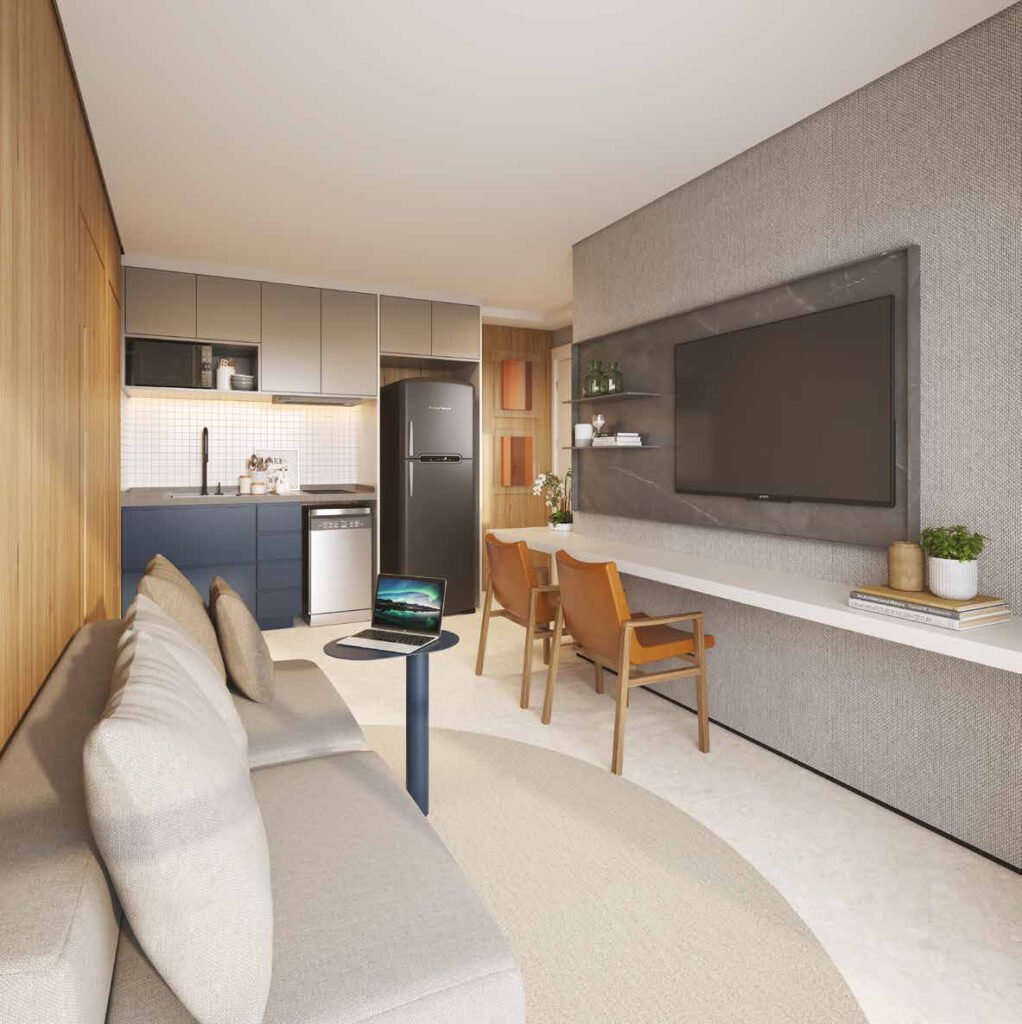 Perspectiva ilustrada de living de 1 dorm. residencial de 44 m² — final 14 do Dot. 230 by Triptyque.
