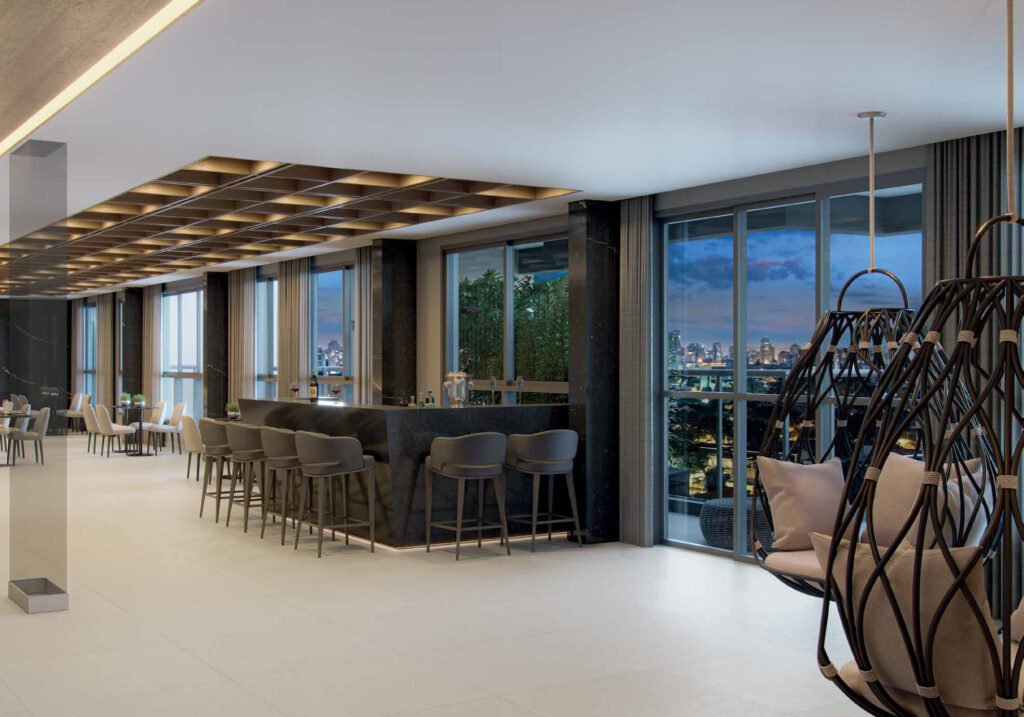 Perspectiva ilustrada de sky lounge / sky bar — rooftop, 39º andar do Dream View Vila Prudente.