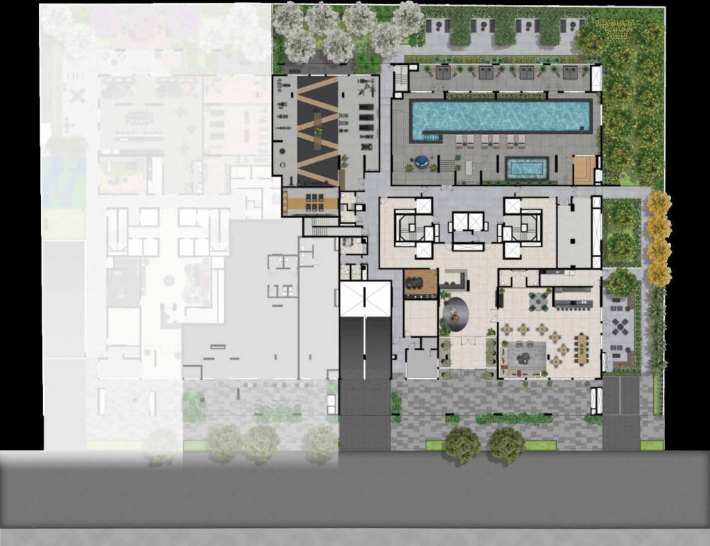 Planta de implantação do térreo do Haute Brooklin by Ez, com as áreas comuns