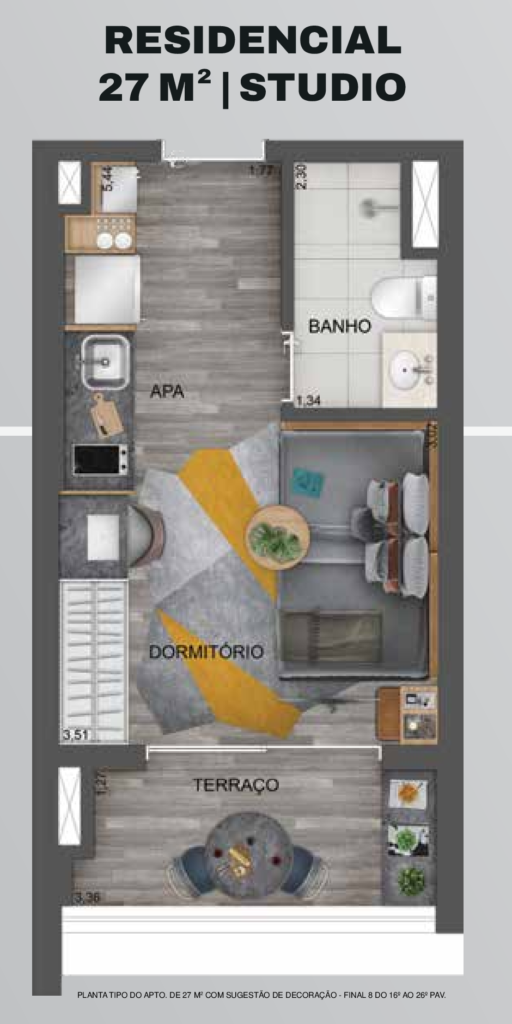 Planta humanizada do studio de 27 m² do Hub Brooklin by Ez