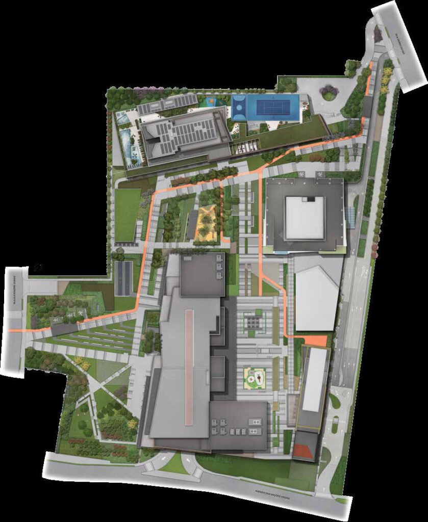 Planta de implantação geral do Lindenberg Alto das Nações, com o conjunto do empreendimento e as áreas comuns