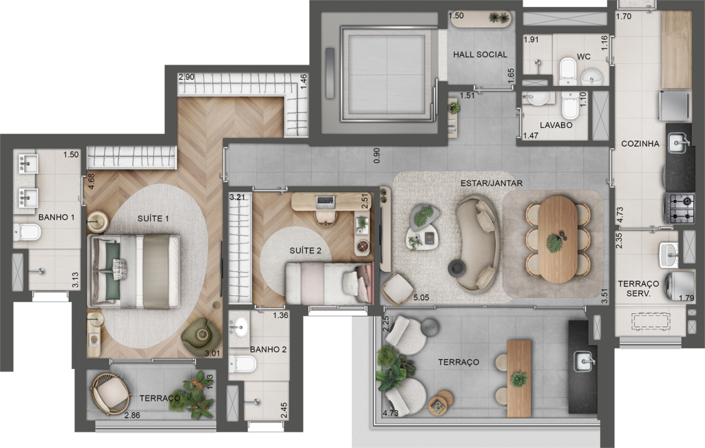 Planta humanizada do apartamento tipo de 110 m² com 2 suítes do Lindenberg Alto das Nações