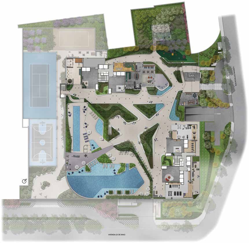 Planta de implantação do lazer do Lindenberg Ibirapuera, com piscinas e quadra