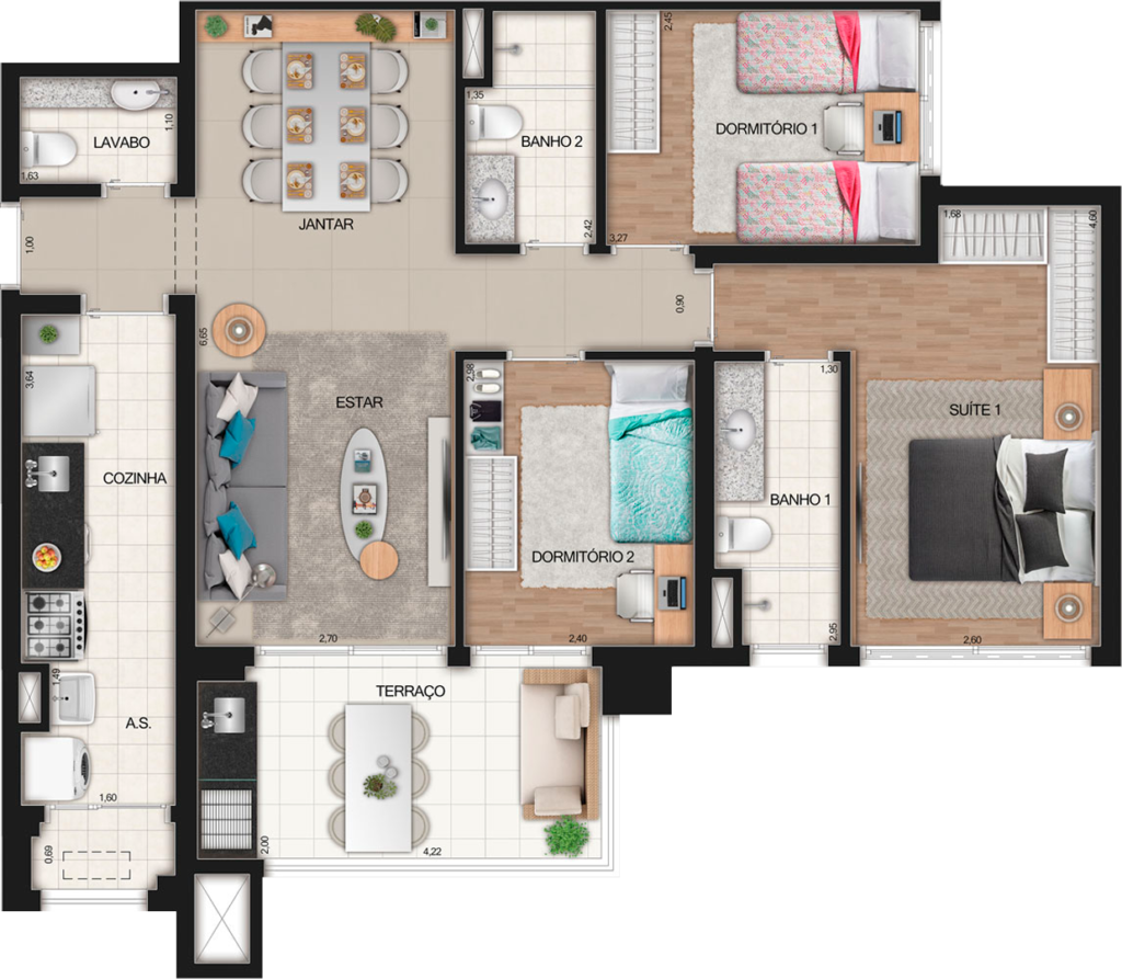 Planta humanizada do apartamento tipo de 91 m² com 3 dormitórios, sendo 1 suíte, do Reserva JB