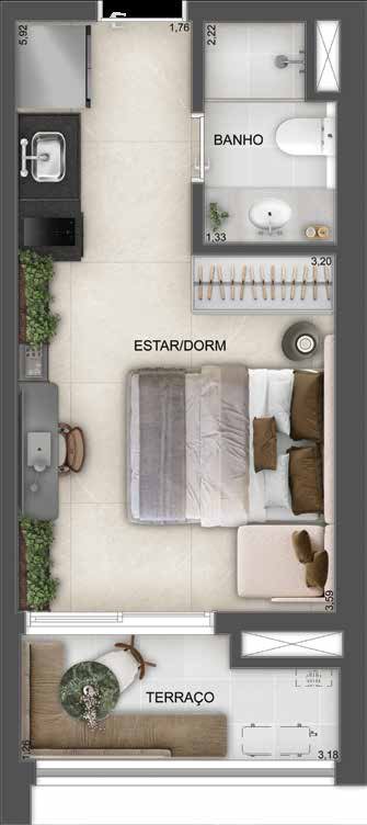 Planta humanizada do studio de 29 m² do Town Residences by Lindenberg
