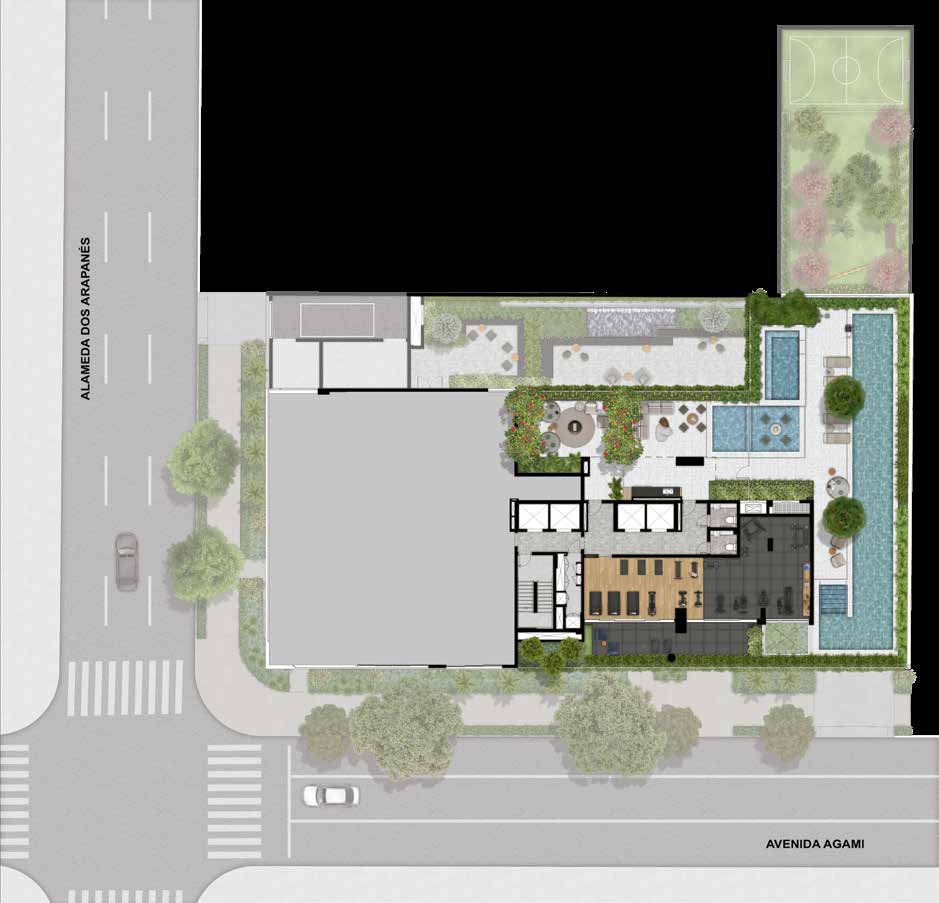 Planta de implantação do lazer do Agami Park Residences, com piscina e paisagismo