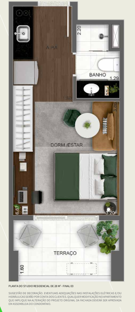 Planta humanizada do studio residencial de 28 m² do Alt Studios by Eztec