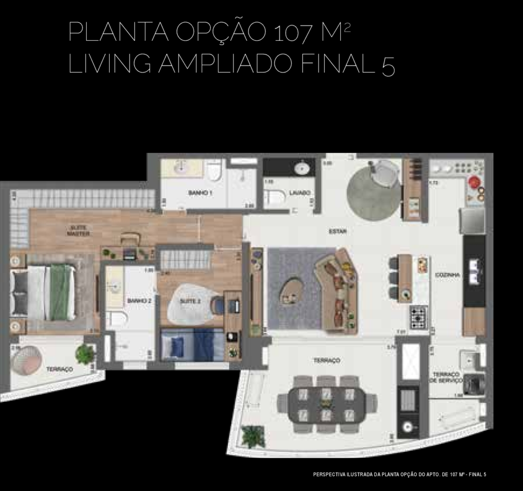 Planta humanizada da opção de 107 m² com living ampliado do Arkadio EZ by OTT