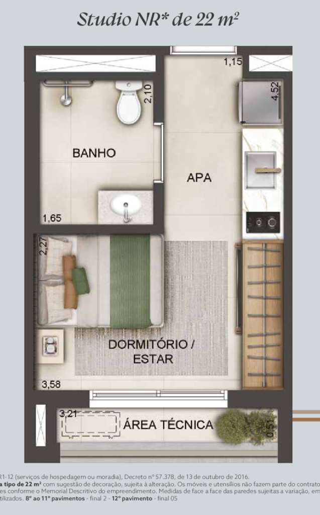 Planta humanizada do studio não residencial de 22 m² do Brooklin Studios by Lindenberg