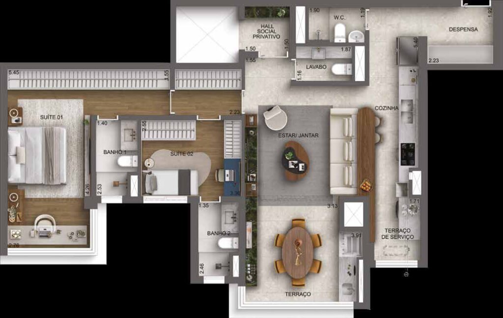 Planta humanizada opcao do apartamento de 114 m2 com 2 suites do Casa Nacional Eztec