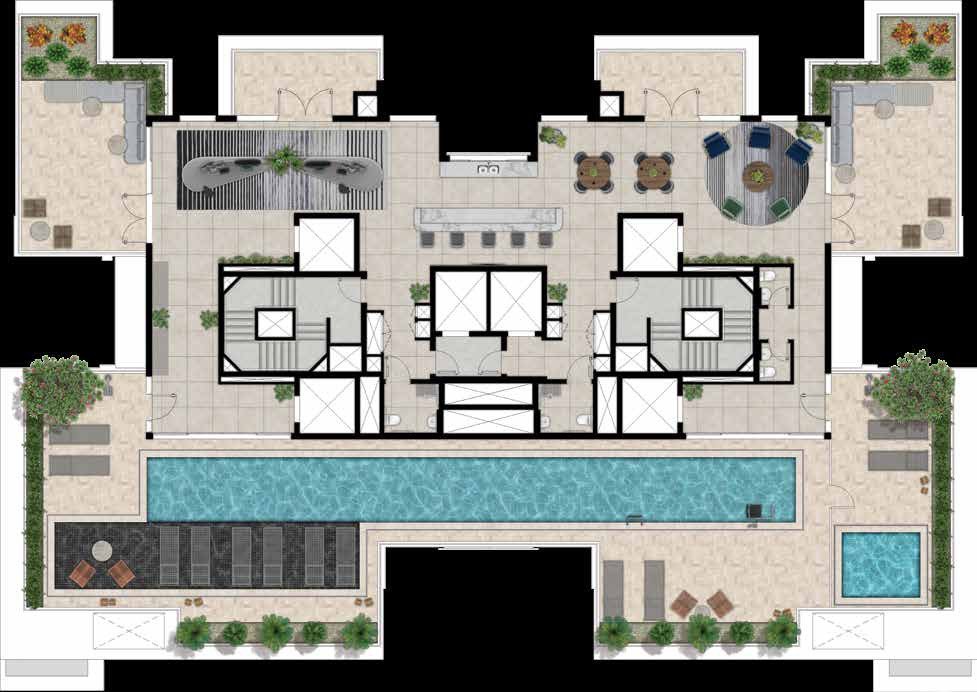 Planta de implantação do rooftop do Haute Brooklin by Ez, com piscina e áreas de convívio