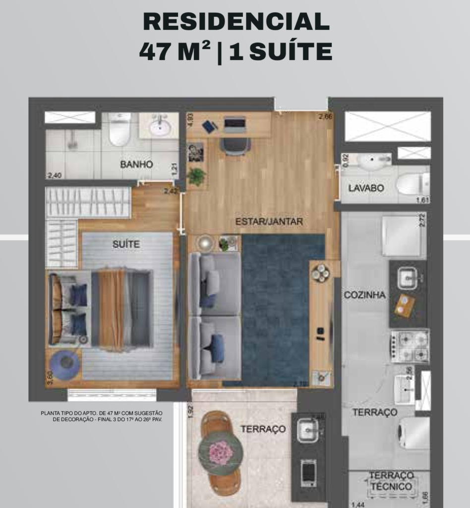 Planta humanizada do apartamento de 47 m² com 1 suíte do Hub Brooklin by Ez