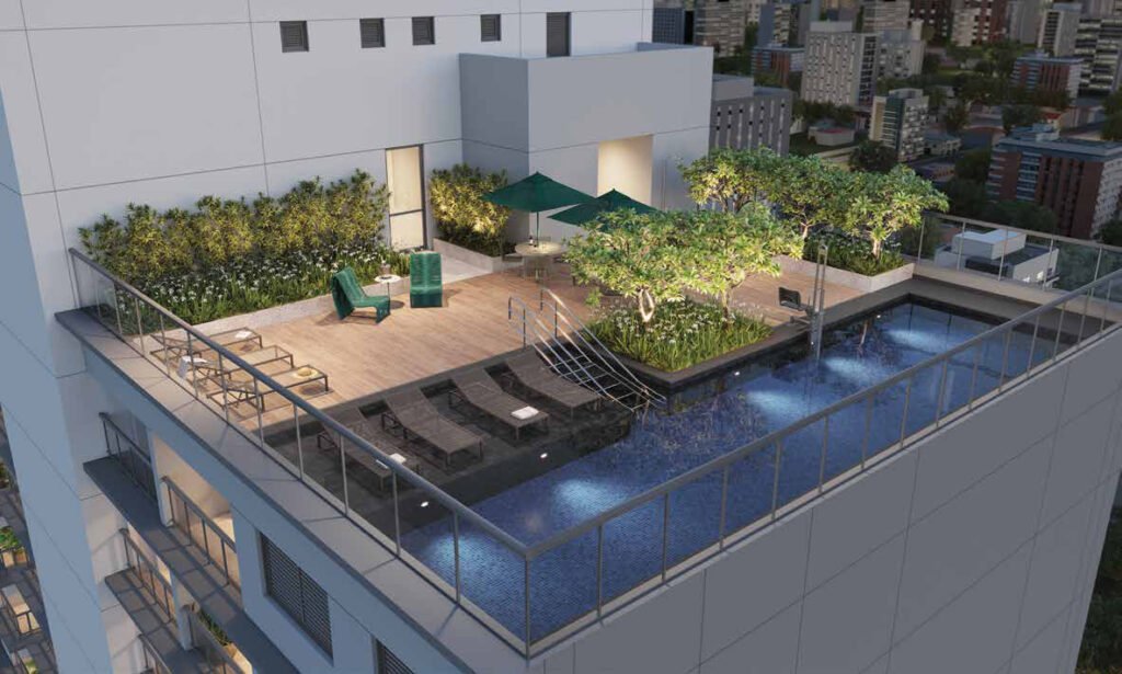 Perspectiva ilustrada de sky pool — 27º pav. rooftop do Hub Brooklin by Ez.