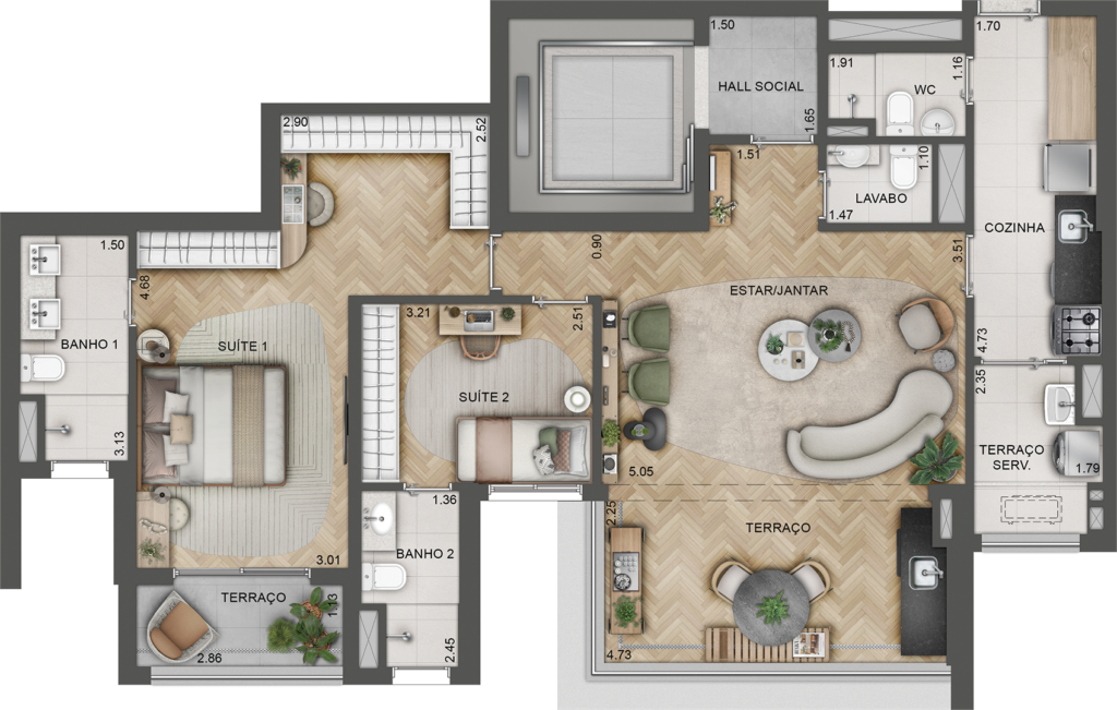 Planta humanizada da opção de 110 m² com 2 suítes do Lindenberg Alto das Nações