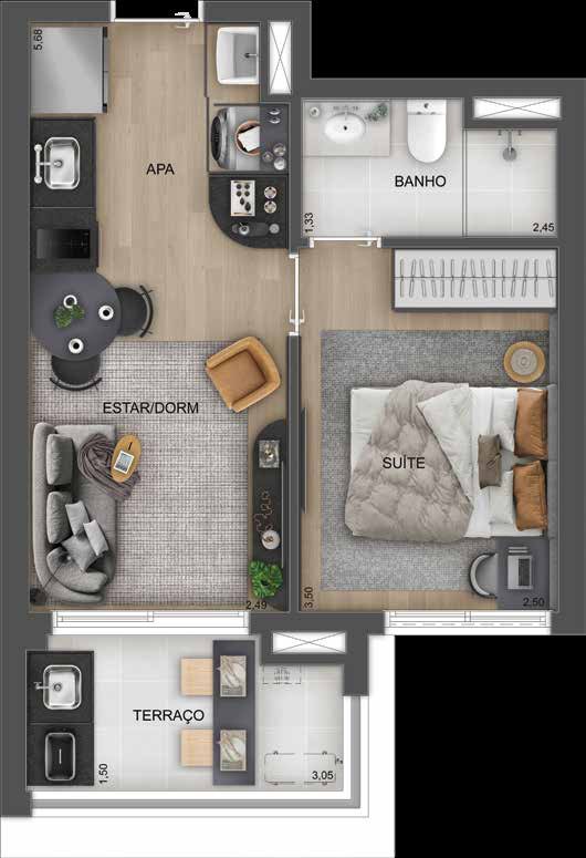 Planta humanizada do apartamento de 39 m² com 1 dormitório do Town Residences by Lindenberg