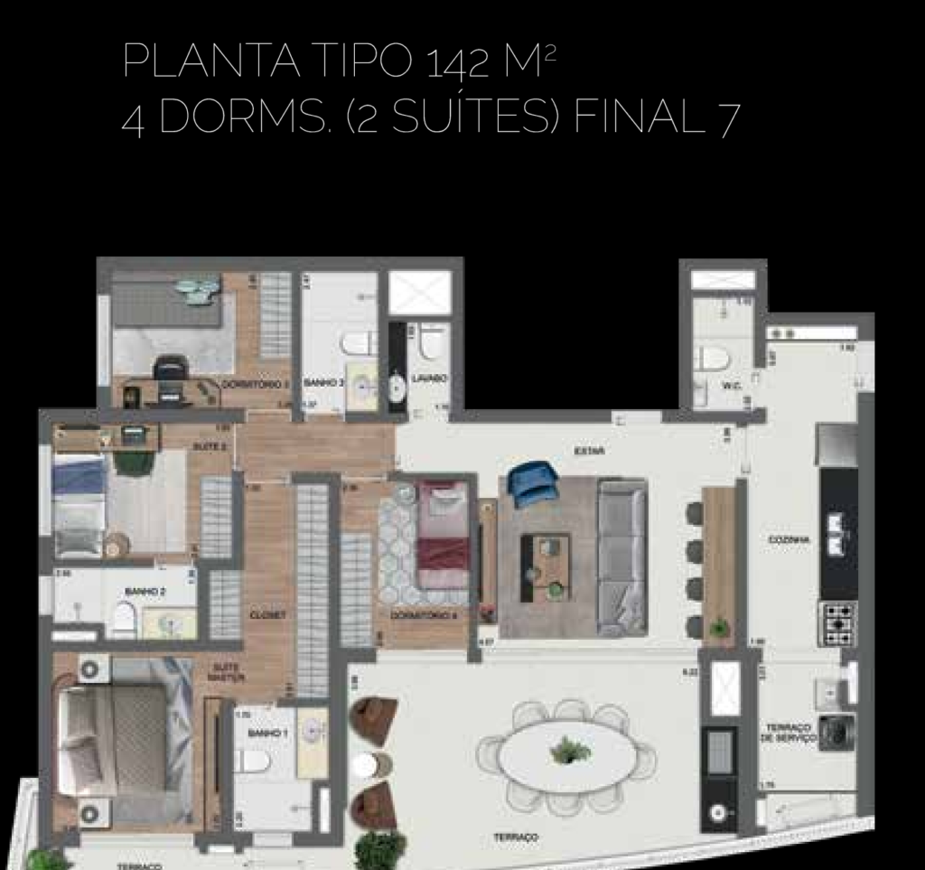 Planta humanizada do apartamento tipo de 142 m² com 4 dormitórios, sendo 2 suítes, do Arkadio EZ by OTT