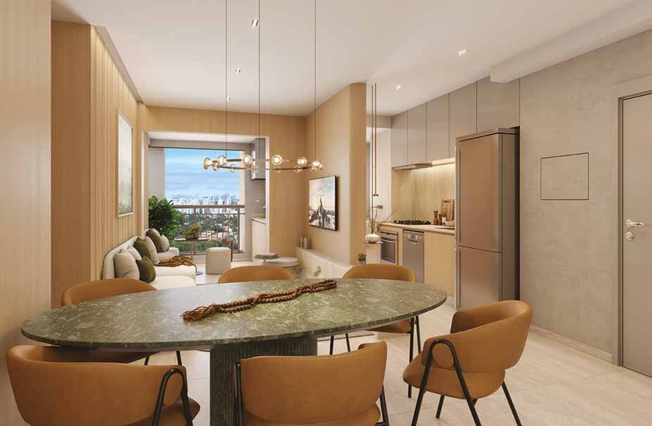 Perspectiva ilustrada de living do apto. tipo de 72 m² — 2 suítes do Azzure Resort Life.