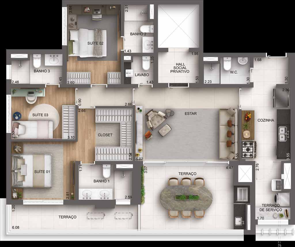 Planta humanizada tipo do apartamento de 136 m2 com 3 suites do Casa Nacional Eztec