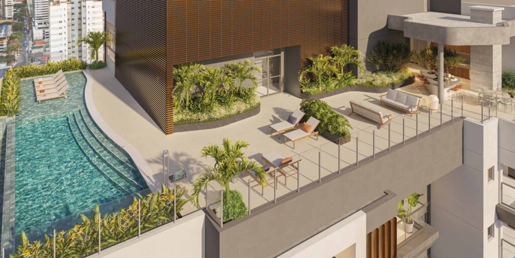 Perspectiva aerea do rooftop do Casa Nacional Eztec, com piscina, deck e vegetacao