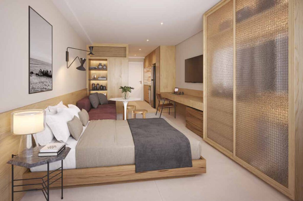 Perspectiva ilustrada de living studio residencial de 35 m² — final 11 do Dot. 230 by Triptyque.