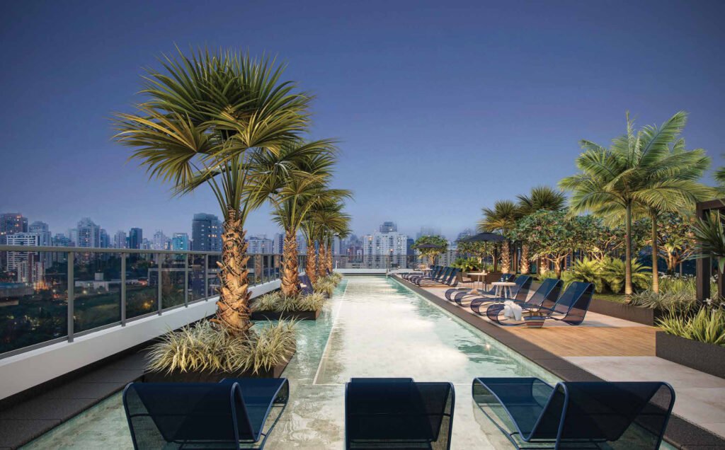 Perspectiva ilustrada de piscina adulto de 25 m no 20º pav. — rooftop do Exalt Ibirapuera by Ez.